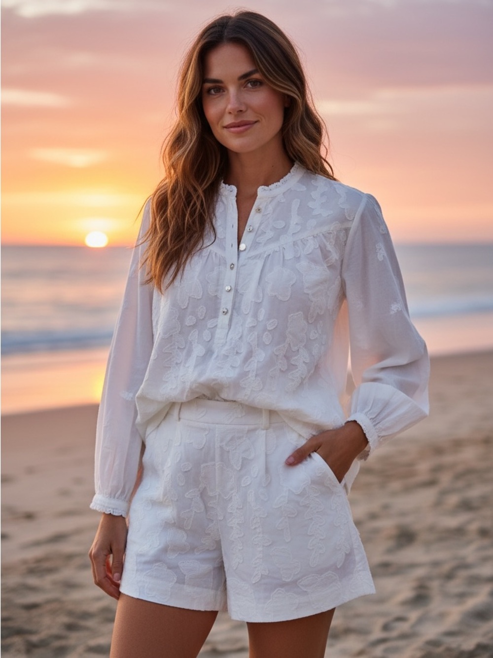 NWT White Embroidered Button-Front Top & Shorts Set